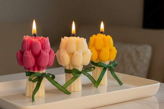 3 Tulpen Kerze in Rot, Natur und Gelbe Farben